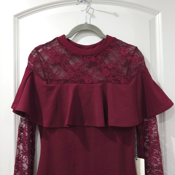 ✨️4/$20 Nwt Wine Burgundy Bodycon Long Sleeve Dress, Lace Details, Ruffle Detail - Picture 4 of 13